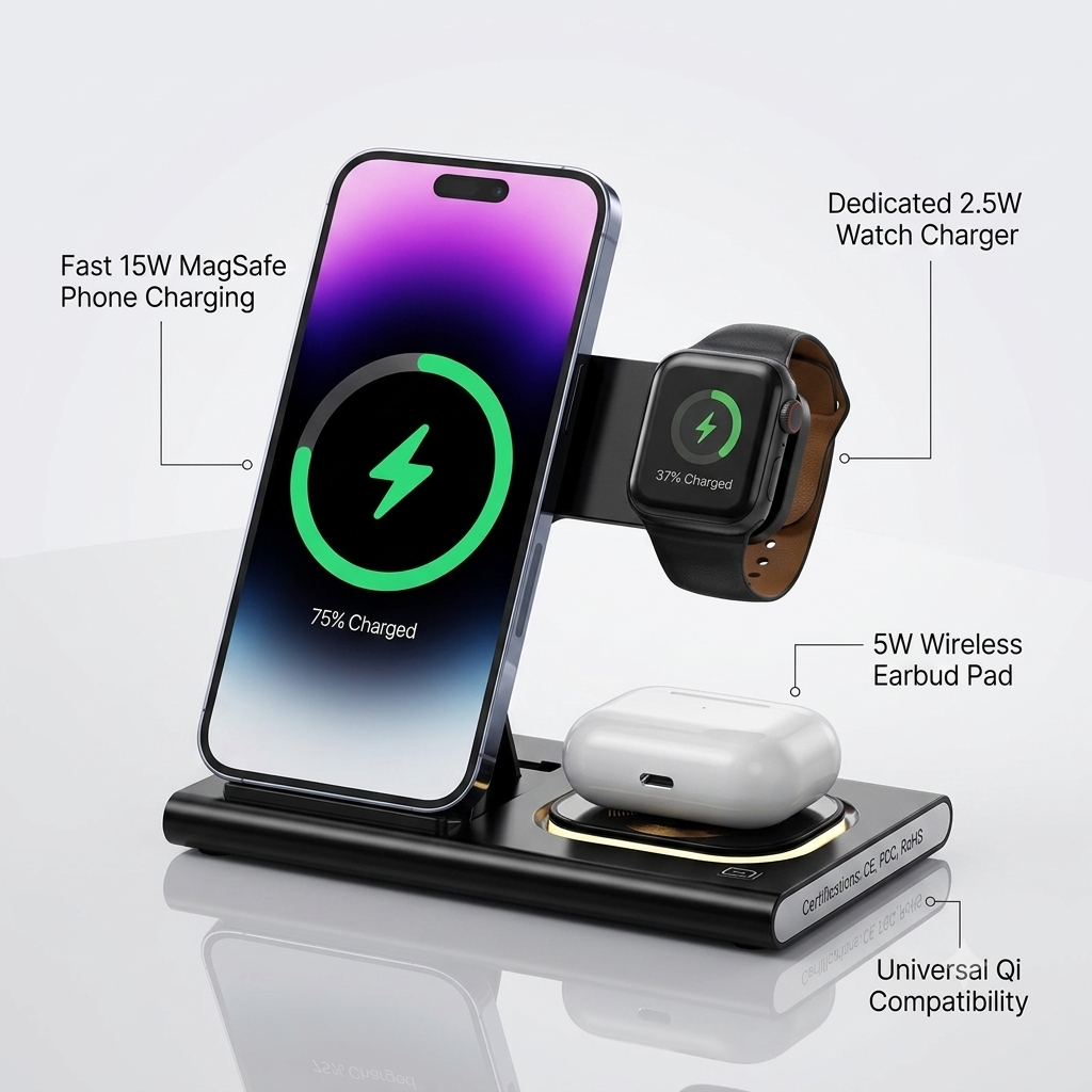 3 IN 1 15W Wireless Charging Charger Magnetic Desktop Night Light Iwatch Fast Charging Stand Gift Customization